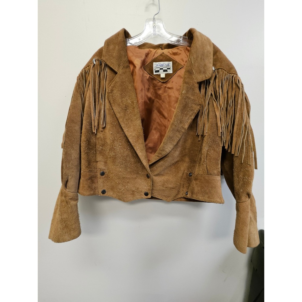 Vintage Yearbook Tan Suede Leather Fringe Western Jacket Boho Cowgirl Medium